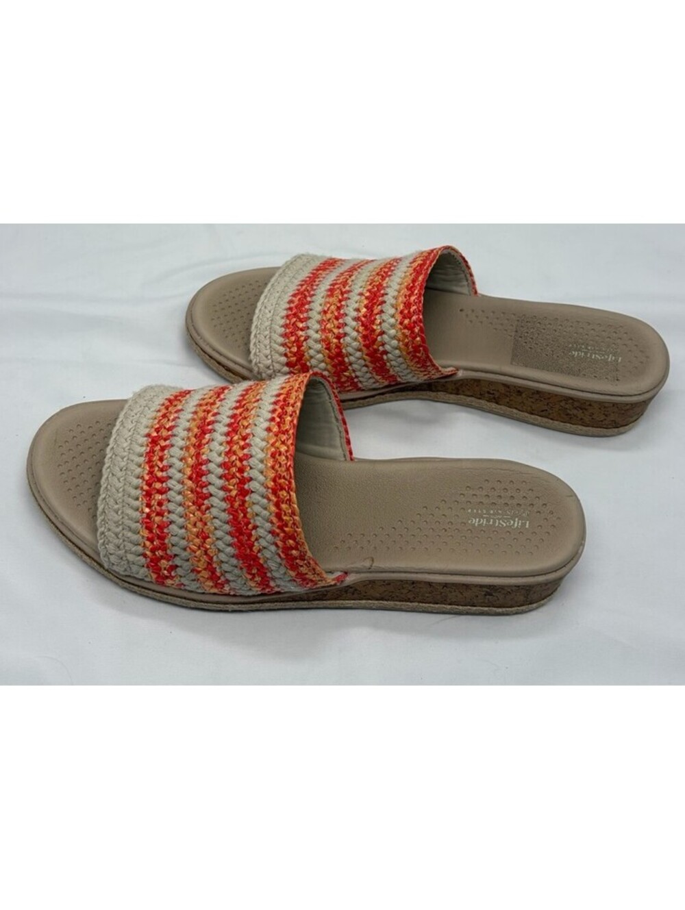LifeStride Womens Breezy Slip-On Sandals, Coral/Tan Raffia, US 10M